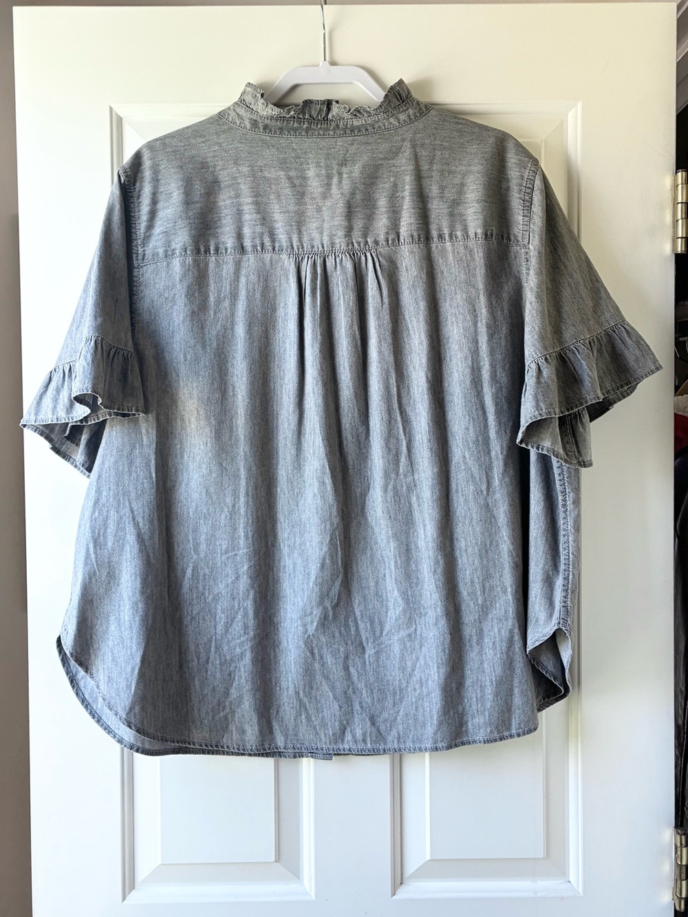 Talbots Button Front Shirt Ruffled Short Sleeve Cotton Light Gray Plus Size 2X - Picture 5 of 12